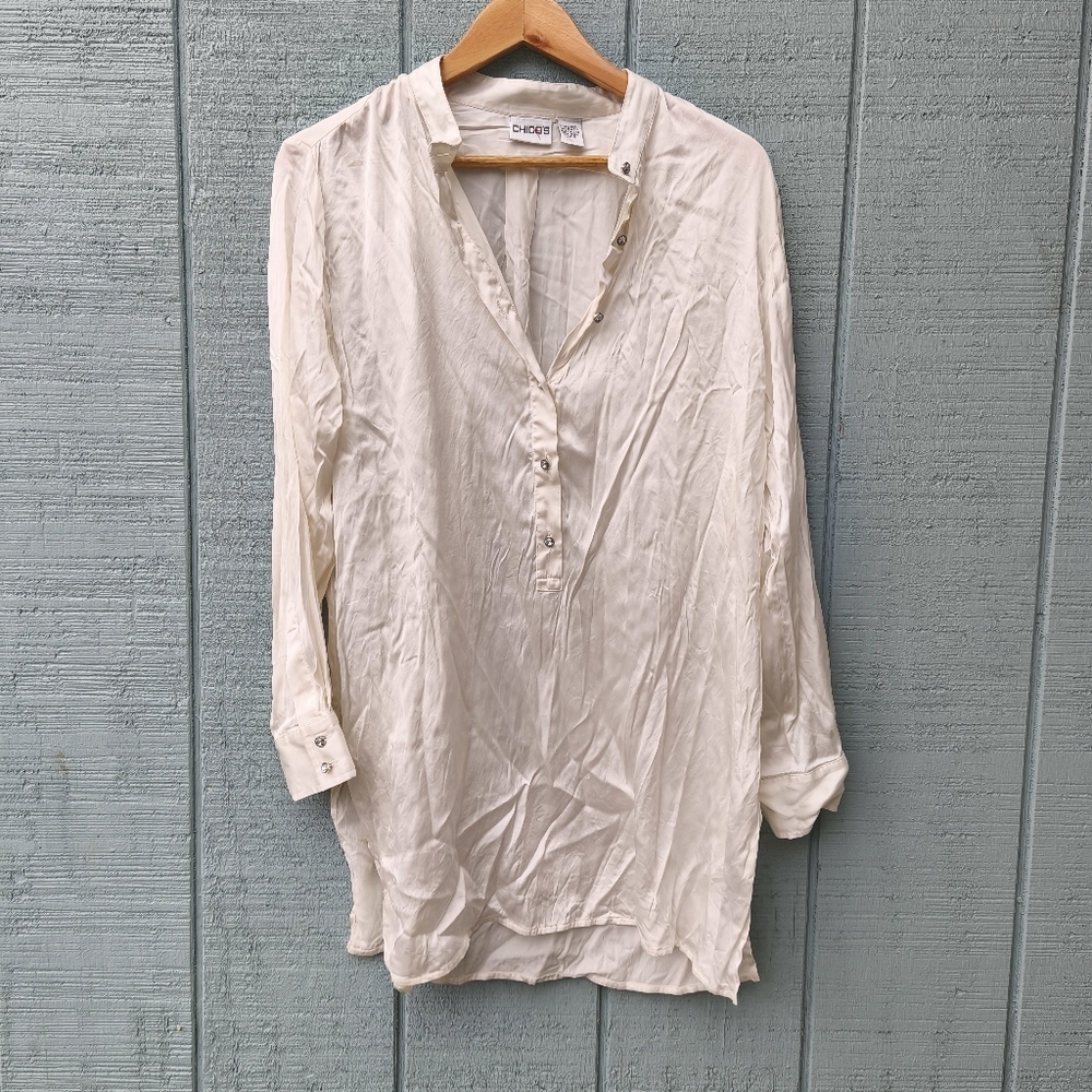 Chico's Silk Satin Rhinestone Button Shirt Tunic sz M/L Ivory Soft Glam Lux